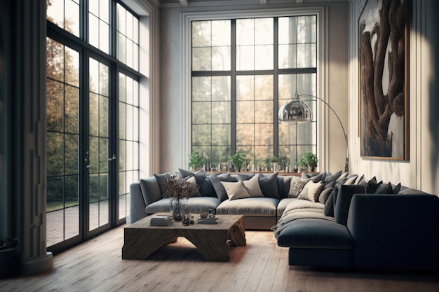Sala de estar elegante e aconchegante com sofá de canto grande, piso de carvalho e janelas grandes