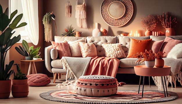 Sala de estar elegante e moderna inspirada em boho AI