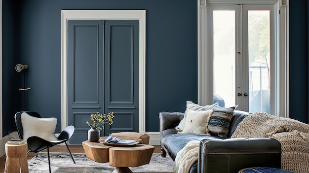 Sala de estar elegante em tons clássicos de azul