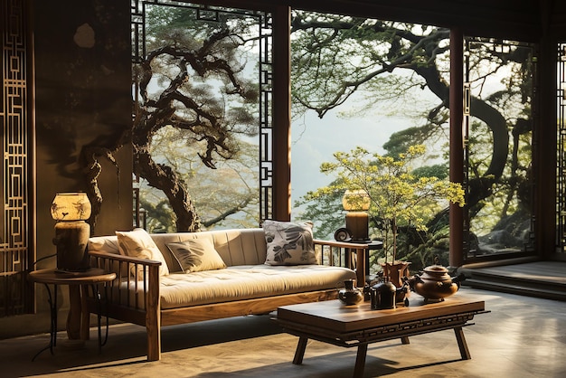 Sala de estar elegante Interior com grande sofá com grandes janelas e vistas para as montanhas