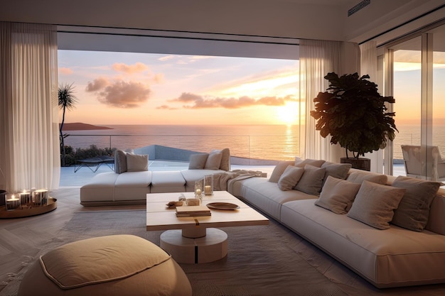 Sala de estar em casa costeira com vista panorâmica do mar e do pôr do sol