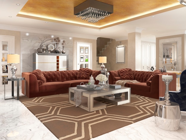 Sala de estar em estilo Art Déco com móveis estofados de design. Com teto dourado e paredes em gesso veneziano. 3D render.