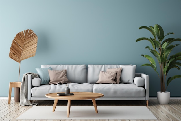 Sala de estar em estilo escandinavo com parede em azul claro