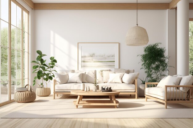 Sala de estar em estilo escandinavo com plantas de casa Design de interiores minimalista