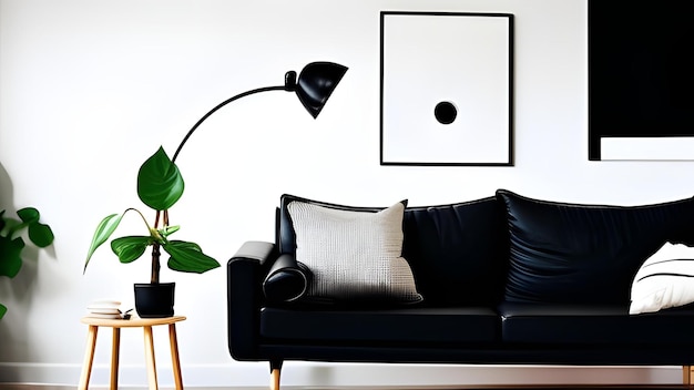 Sala de estar em estilo escandinavo com sofá preto