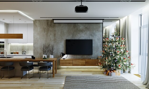 Sala de estar em estilo moderno com árvore de natal