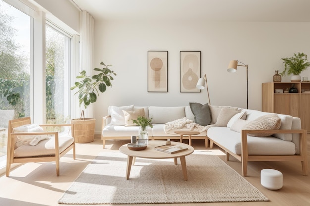 Sala de estar escandinava bem iluminada e arejada com paredes brancas, móveis de madeira clara e tons neutros
