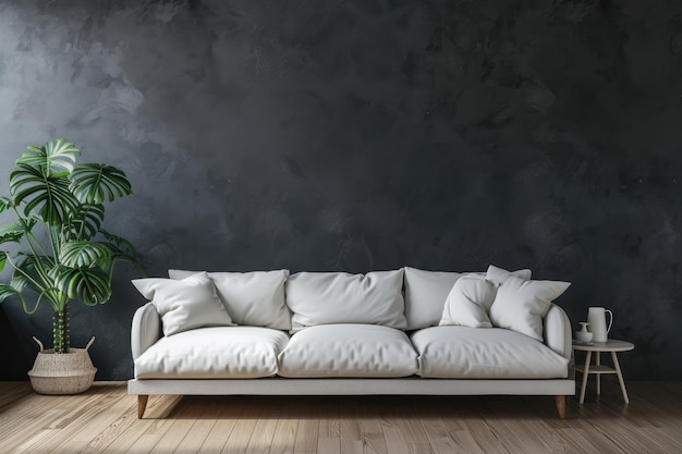 Sala de estar escandinava com sofá branco contra um fundo vazio de parede cinza escuro