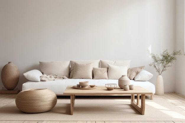 Sala de estar escandinava com tons neutros com sofá de pelúcia com acentos de madeira e decoração sutil
