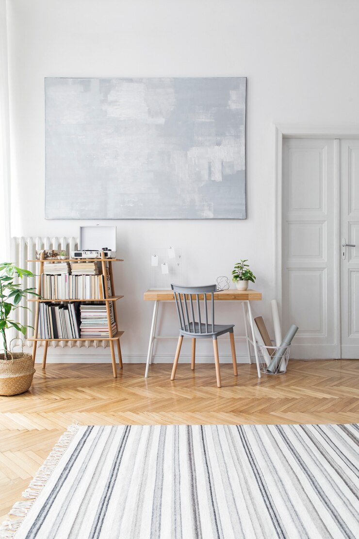 Foto sala de estar escandinava elegante com móveis de design, plantas, estante de livros de bambu, mesa de madeira, pinturas artísticas, parquet marrom em decoração moderna