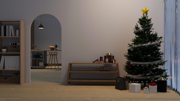 Sala de estar escandinava mínima no design de interiores do dia de Natal com porta arqueada