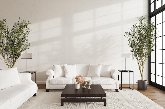 Sala de estar estilo Hampton Home design de interiores 3d render ilustração em tons pastel