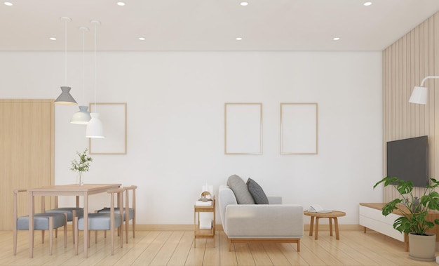 Sala de estar estilo japonês moderno decorada com armário de tv e mesa de jantar sofá renderização em 3d