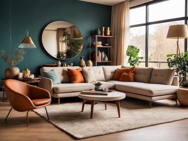Sala de estar estilo meados do século com cores quentes ai generativo