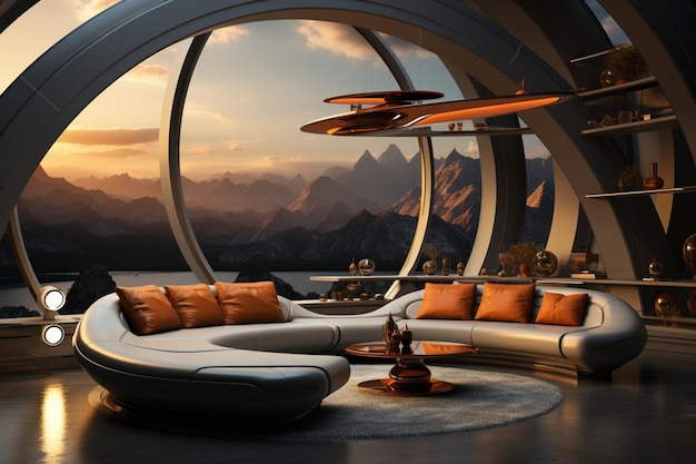 Sala de estar futurista com conceito de espaço aberto e cor cinza