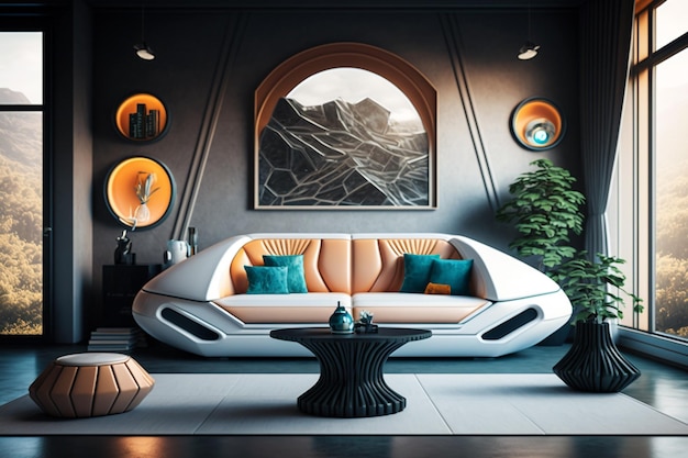 Sala de estar futurista com sofá e mesa futuristas conceito generativo ai