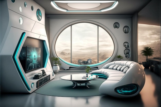 Sala de estar futurista e moderna de nave espacial com móveis avançados em um lugar estranho