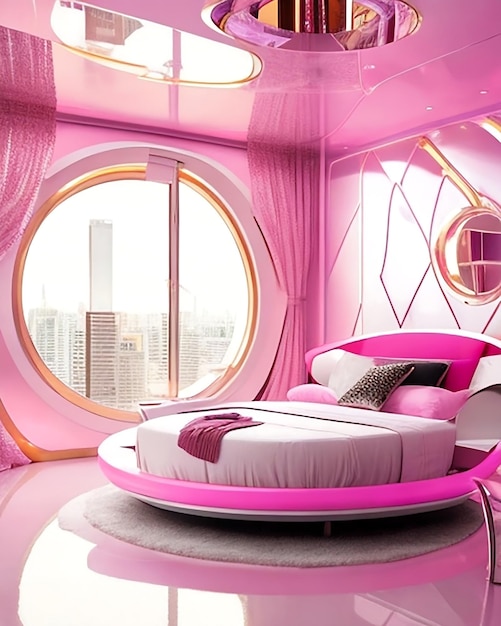 Sala de estar futurista rosa com ai gerada e sala de estar