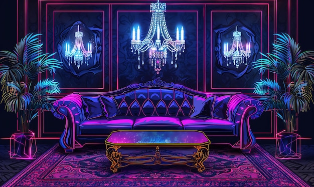 Foto sala de estar glamourosa com um sofá de veludo, espelho de café, tabulação, interior de sala, luz de néon, conceito de vr.