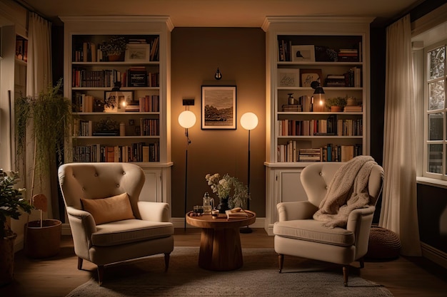 Sala de estar inspirada no Hygge com poltronas aconchegantes, iluminação aconchegante e uma estante cheia de livros favoritos