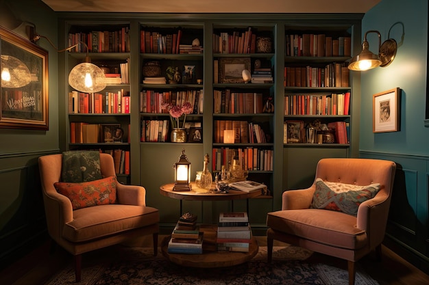 Sala de estar inspirada no Hygge com poltronas aconchegantes, iluminação aconchegante e uma estante cheia de livros favoritos