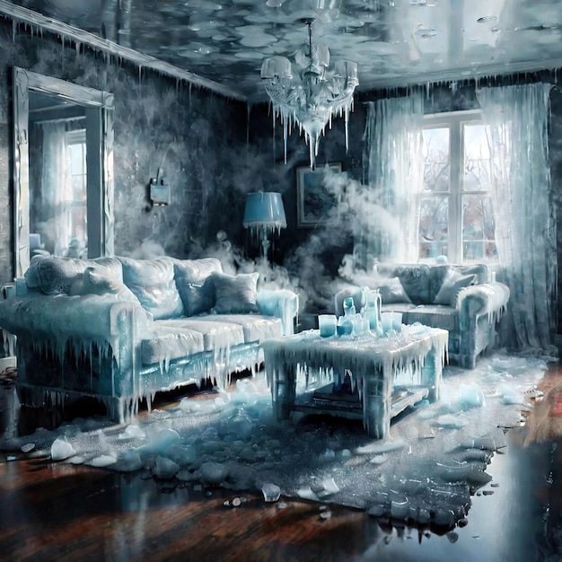 Sala de estar interior de casa frio extremo inverno congelado e coberto de gelo