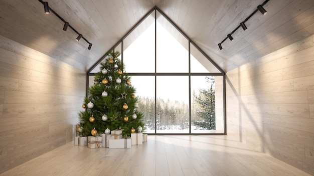 Sala de estar interior de uma casa florestal com renderização em 3D de árvore de natal