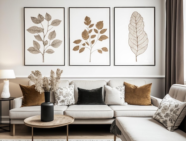 Foto sala de estar interior escandinava com sofá e moldura simulada na parede generative ai