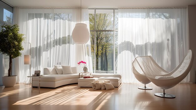 Foto sala de estar interior espaçosa com teto alto e luz com cortinas de tuille