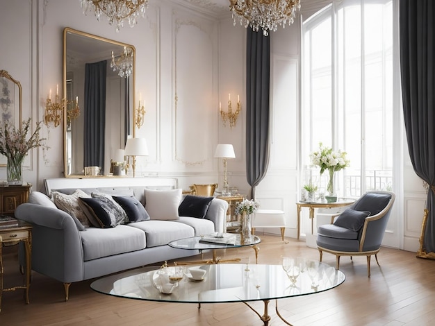 Sala de estar interior parisiense de estilo elegante, lindamente feita com Generative AI