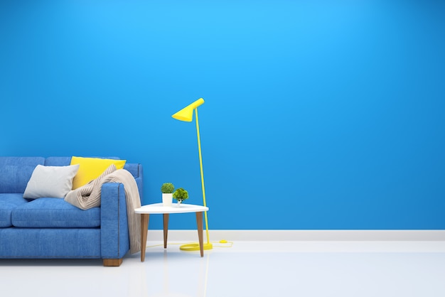 sala de estar interior sofá azul parede moderna piso de madeira candeeiro de mesa
