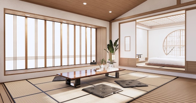 Sala de estar japão tropical minimalista desing.3D rendering