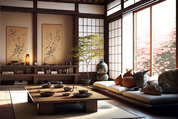 Sala de estar japonesa com cadeiras macias e decoração interior japonesa