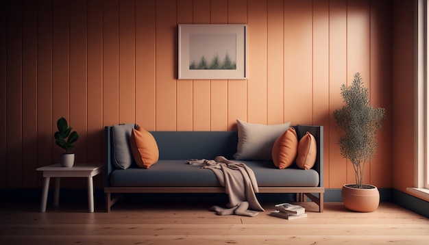 Sala de estar laranja clássica fechada com sofá azul Generative AI
