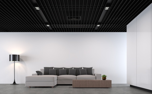 sala de estar loft moderna com teto de aço preto renderização em 3D mobiliada com móveis de tecido cinza