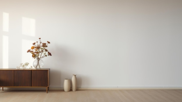 Sala de estar minimalista com cores suaves e piso de madeira