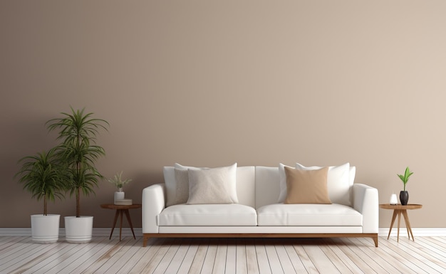 Sala de estar minimalista com fundo de paisagem marrom sofá