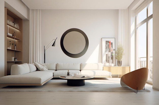 Sala de estar minimalista com linhas limpas, cores neutras e móveis icônicos da Bauhaus