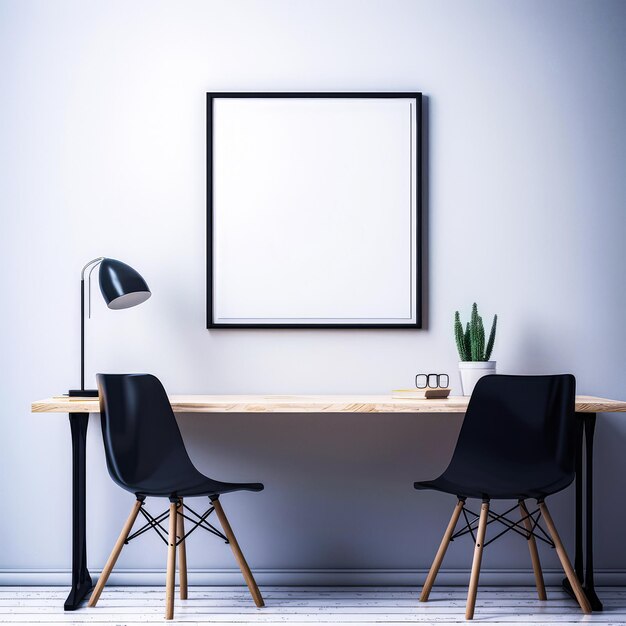 Sala de estar minimalista com maquete de moldura de foto em preto e branco