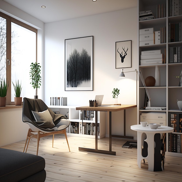 Sala de estar minimalista com mesa de cadeiras e estantes