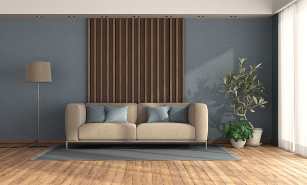 Sala de estar minimalista com sofá contra painel de madeira e parede azul - renderização em 3D