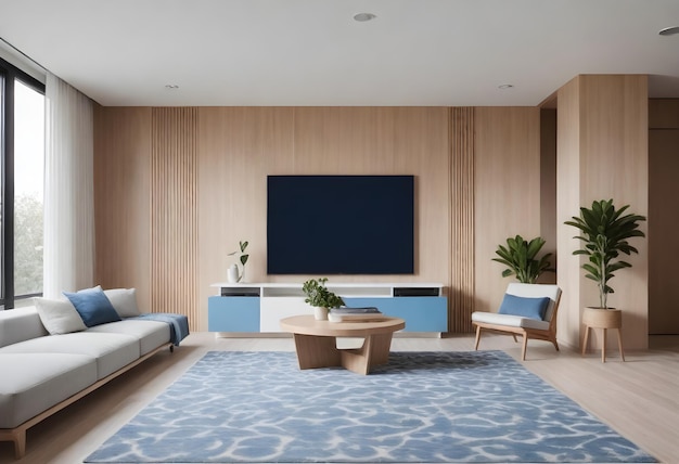 Sala de estar minimalista moderna com parede de painel de madeira com uma grande área de TV de tela plana montada
