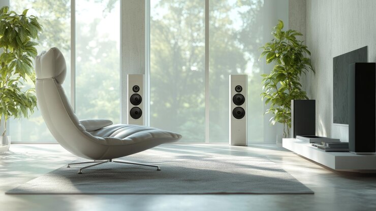 Sala de estar minimalista moderna com poltrona elegante e sistema de áudio de alta qualidade