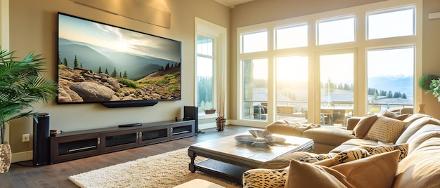 Sala de estar minimalista moderna com sistema de entretenimento com vista panorâmica