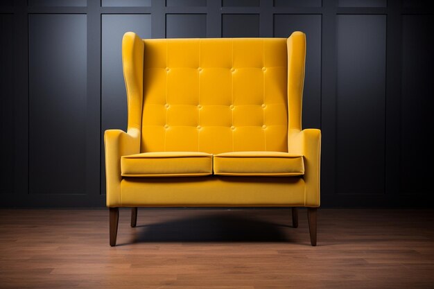 Sala de estar minimalista moderna com sofá amarelo elegante e cortina branca