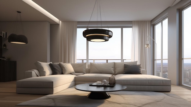 Sala de estar minimalista moderna, paredes brancas, sofá de canto grande, mesa de centro redonda, piso de madeira com gra