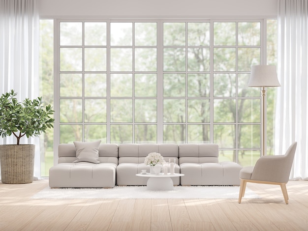 Sala de estar moderm com vista borrada da natureza 3d render, piso de madeira claro e janela grande com vista para o jardim.
