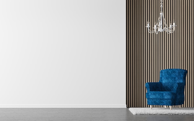 sala de estar moderna 3d rende há decoração de parede com padrão vertical de madeira e parede branca