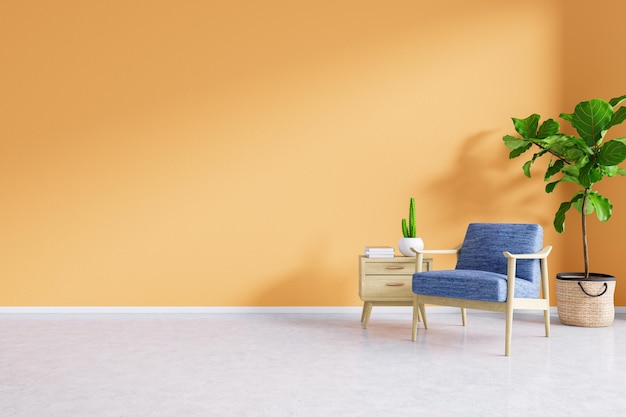 Sala de estar moderna azul móveis modernos com parede laranja e chão branco