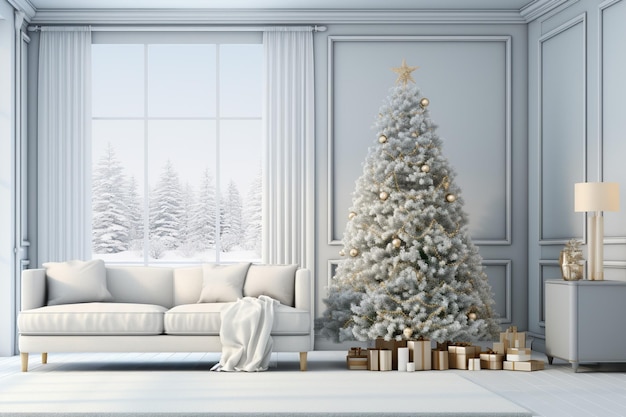 Sala de estar moderna branca de Natal com uma floresta nevada do lado de fora da janela Design interior moderno